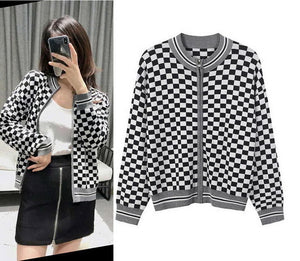 White Black Check Zipper Knitted Sweater Cardigan Runway Occident