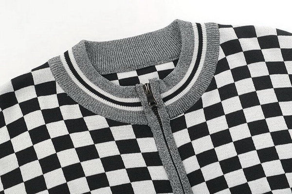 White Black Check Zipper Knitted Sweater Cardigan Runway Occident