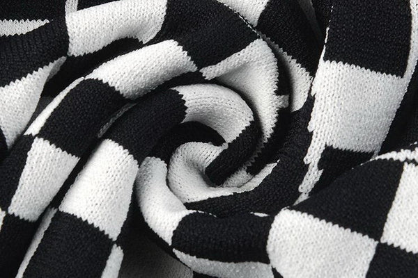 White Black Check Zipper Knitted Sweater Cardigan Runway Occident