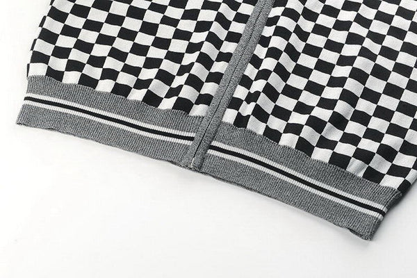 White Black Check Zipper Knitted Sweater Cardigan Runway Occident