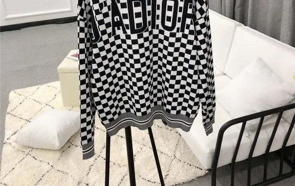 White Black Check Zipper Knitted Sweater Cardigan Runway Occident