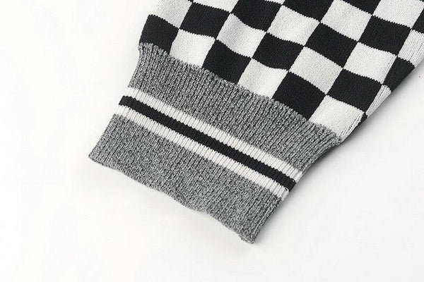 White Black Check Zipper Knitted Sweater Cardigan Runway Occident