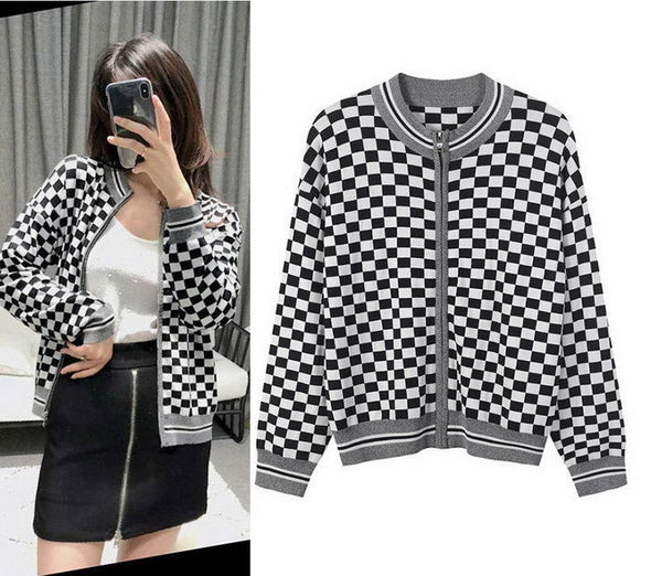 White Black Check Zipper Knitted Sweater Cardigan Runway Occident
