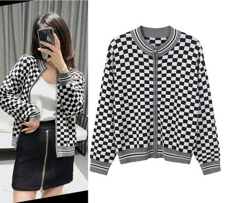 White Black Check Zipper Knitted Sweater Cardigan Runway Occident