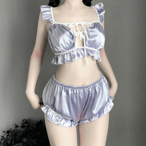 Women Silver Satin Bra Bloomer Set Lolita Ruffle Camisole Sleepwear Night Sexy