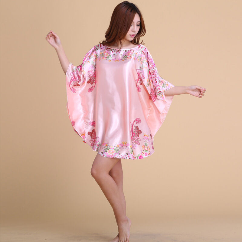 Sexy Women Pink Silk Satin Night Pajamas Sleepwear Robes Nightdress Nightgown