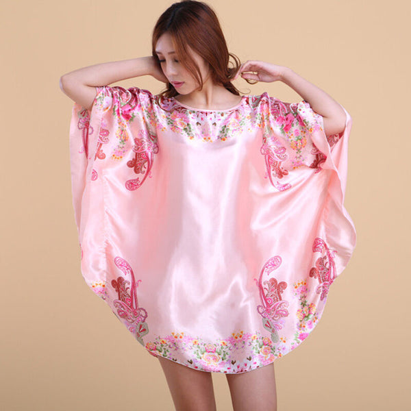 Sexy Women Pink Silk Satin Night Pajamas Sleepwear Robes Nightdress Nightgown