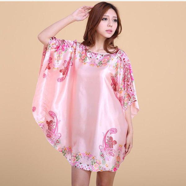Sexy Women Pink Silk Satin Night Pajamas Sleepwear Robes Nightdress Nightgown