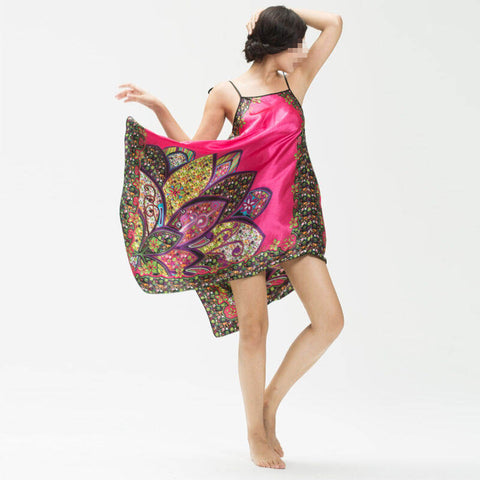 Sexy Women Pink Pattern Silk Satin Night Pajamas Sleepwear Nightdress Nightwear