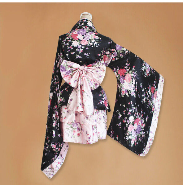 Anime Cosplay Costume Floral Dress Kimono Japanese Women Lolita Maid Uniform