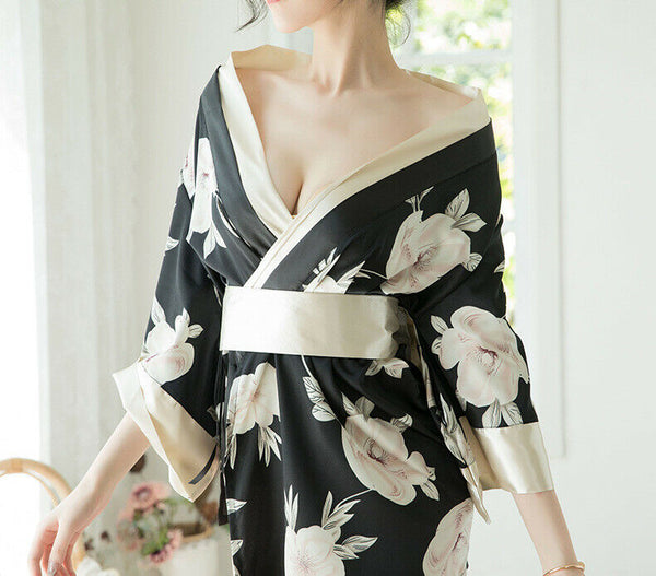 Red Black Japanese Kimono Lingerie Floral Bath Robe Nightdress Costume Cosplay