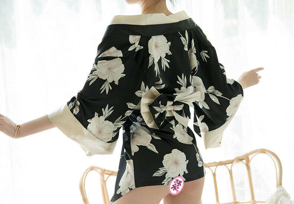 Red Black Japanese Kimono Lingerie Floral Bath Robe Nightdress Costume Cosplay