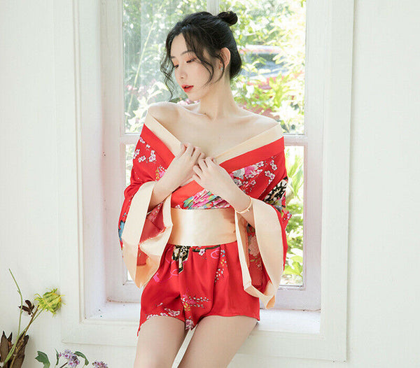 Red Black Japanese Kimono Lingerie Floral Bath Robe Nightdress Costume Cosplay