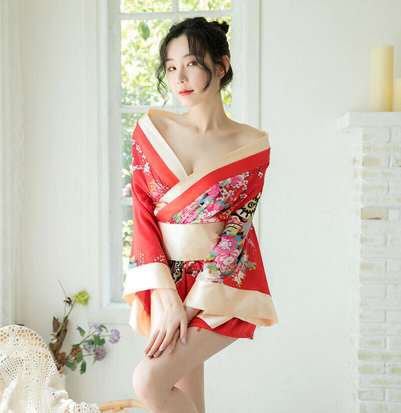 Red Black Japanese Kimono Lingerie Floral Bath Robe Nightdress Costume Cosplay