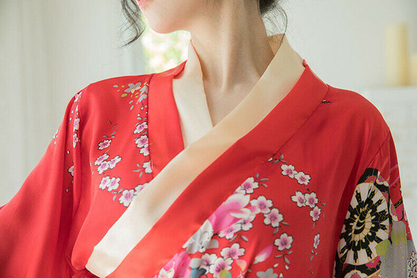 Red Black Japanese Kimono Lingerie Floral Bath Robe Nightdress Costume Cosplay