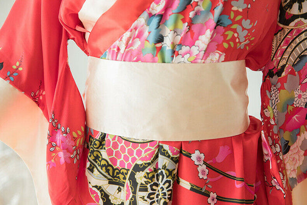 Red Black Japanese Kimono Lingerie Floral Bath Robe Nightdress Costume Cosplay