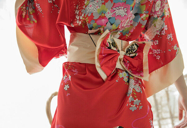 Red Black Japanese Kimono Lingerie Floral Bath Robe Nightdress Costume Cosplay