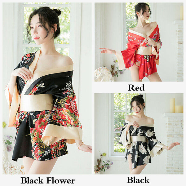 Red Black Japanese Kimono Lingerie Floral Bath Robe Nightdress Costume Cosplay