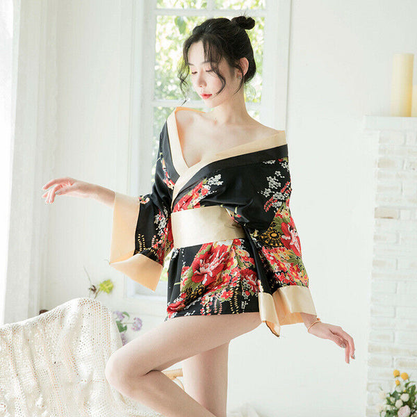 Red Black Japanese Kimono Lingerie Floral Bath Robe Nightdress Costume Cosplay