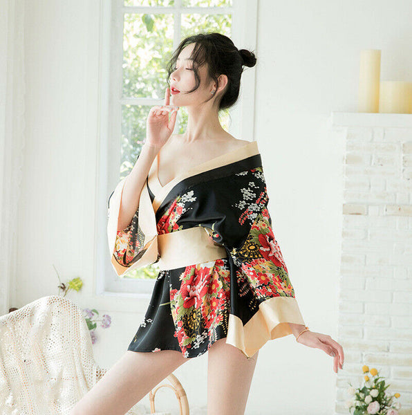 Red Black Japanese Kimono Lingerie Floral Bath Robe Nightdress Costume Cosplay