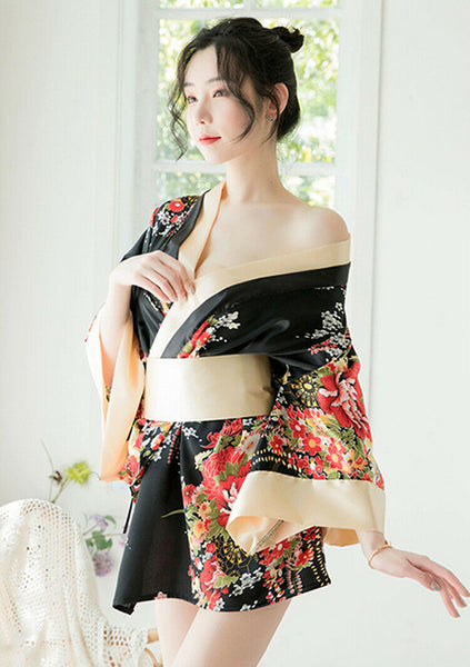 Red Black Japanese Kimono Lingerie Floral Bath Robe Nightdress Costume Cosplay