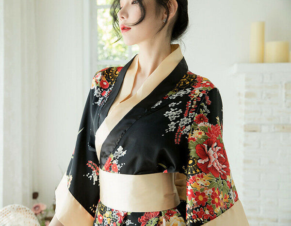 Red Black Japanese Kimono Lingerie Floral Bath Robe Nightdress Costume Cosplay