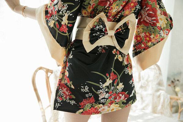 Red Black Japanese Kimono Lingerie Floral Bath Robe Nightdress Costume Cosplay