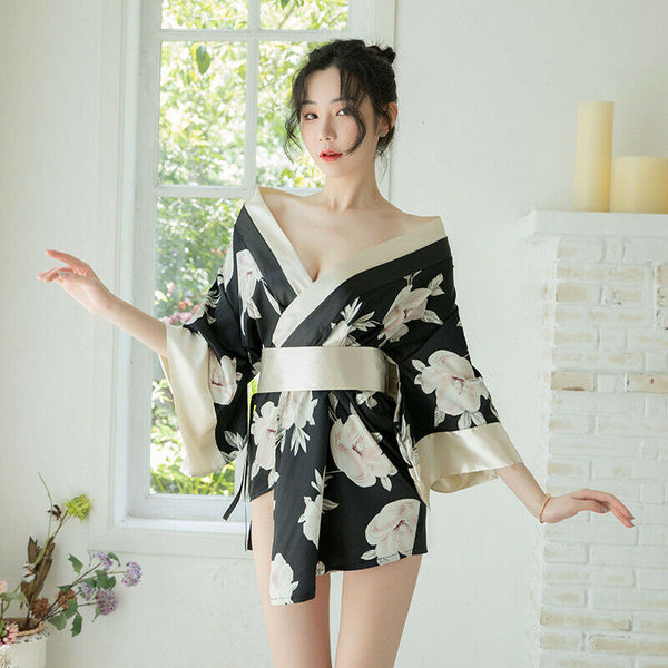 Red Black Japanese Kimono Lingerie Floral Bath Robe Nightdress Costume Cosplay