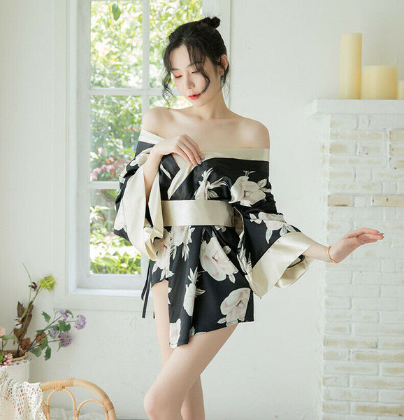 Red Black Japanese Kimono Lingerie Floral Bath Robe Nightdress Costume Cosplay