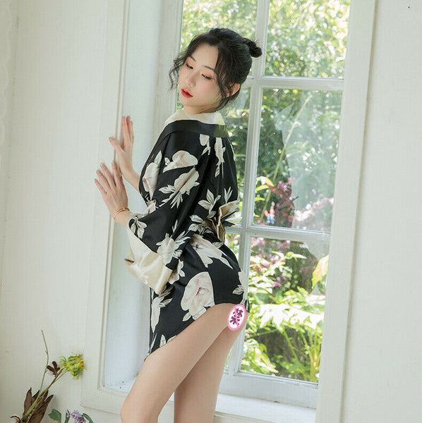 Red Black Japanese Kimono Lingerie Floral Bath Robe Nightdress Costume Cosplay