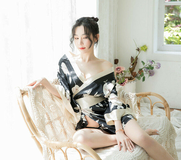 Red Black Japanese Kimono Lingerie Floral Bath Robe Nightdress Costume Cosplay