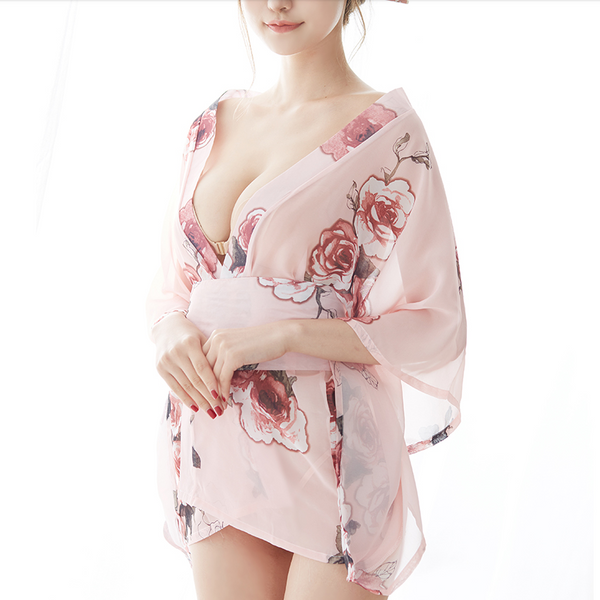 Blue Green Pink White Japanese Kimono Lingerie Floral Bath Robe Dress Cosplay