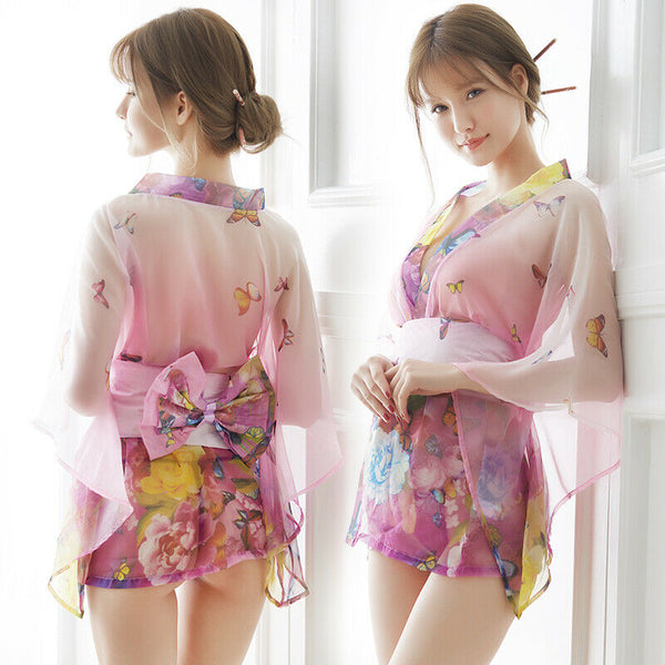 Blue Green Pink White Japanese Kimono Lingerie Floral Bath Robe Dress Cosplay