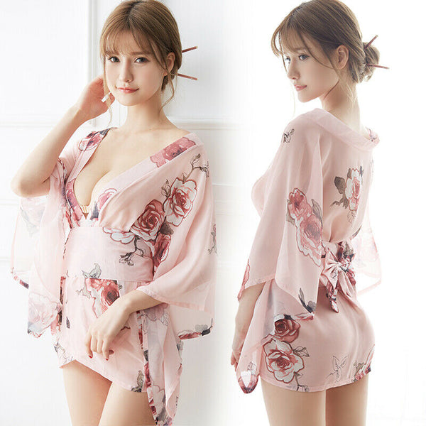 Blue Green Pink White Japanese Kimono Lingerie Floral Bath Robe Dress Cosplay