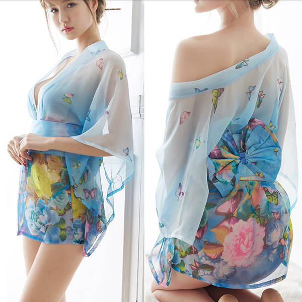 Blue Green Pink White Japanese Kimono Lingerie Floral Bath Robe Dress Cosplay