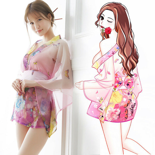 Blue Green Pink White Japanese Kimono Lingerie Floral Bath Robe Dress Cosplay