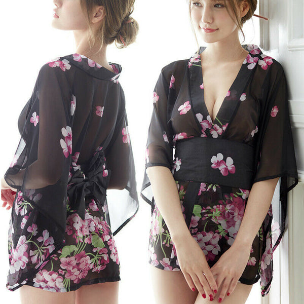 Blue Green Pink White Japanese Kimono Lingerie Floral Bath Robe Dress Cosplay