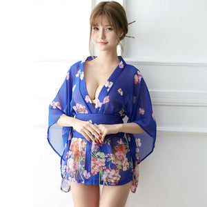 Blue Green Pink White Japanese Kimono Lingerie Floral Bath Robe Dress Cosplay
