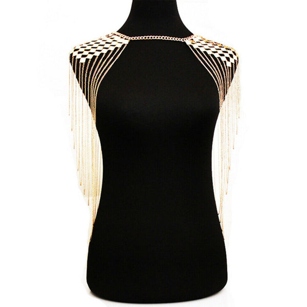Multilayer Trendy Tassel Sequins Gold Plated Shoulder Chain Necklace Shawl Wrap