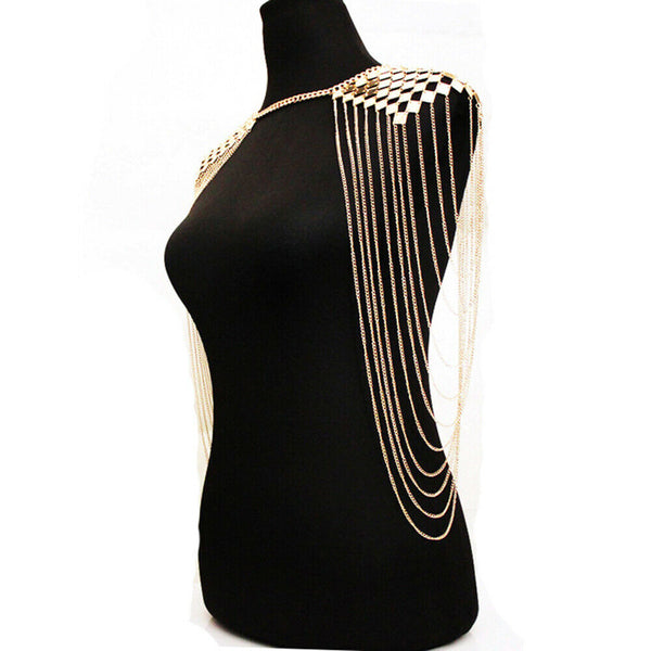 Multilayer Trendy Tassel Sequins Gold Plated Shoulder Chain Necklace Shawl Wrap