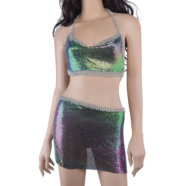 Sexy Sequins Crop Chain Bra Bikini Quadrangle Apron Halter Tank Camisole Jewelry
