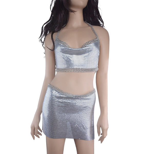 Sexy Sequins Crop Chain Bra Bikini Quadrangle Apron Halter Tank Camisole Jewelry