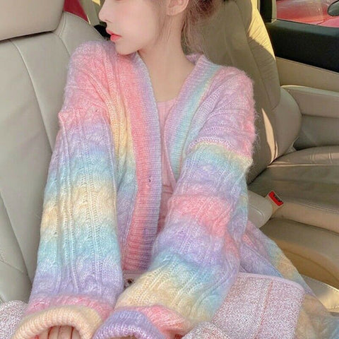 New Rainbow Knitted Sweater Autumn Fall Winter Coat Front Button Cardigan Jacket