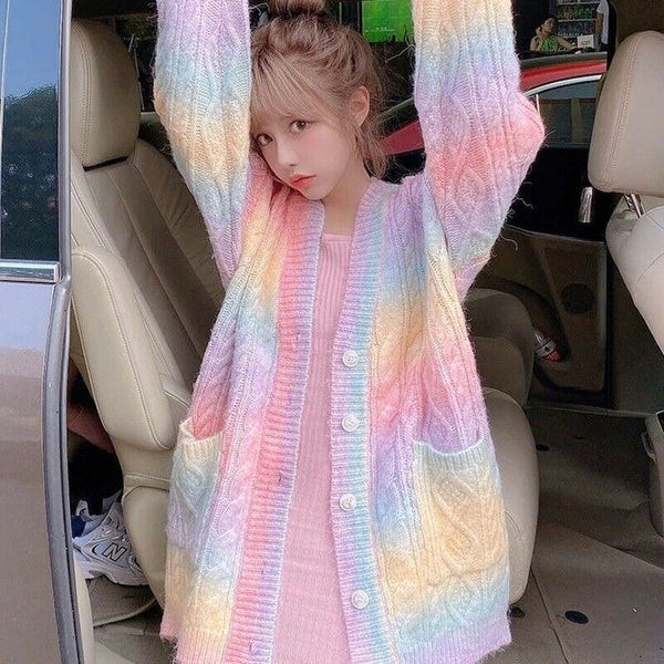 New Rainbow Knitted Sweater Autumn Fall Winter Coat Front Button Cardigan Jacket