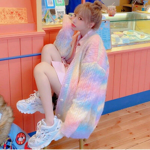 New Rainbow Knitted Sweater Autumn Fall Winter Coat Front Button Cardigan Jacket