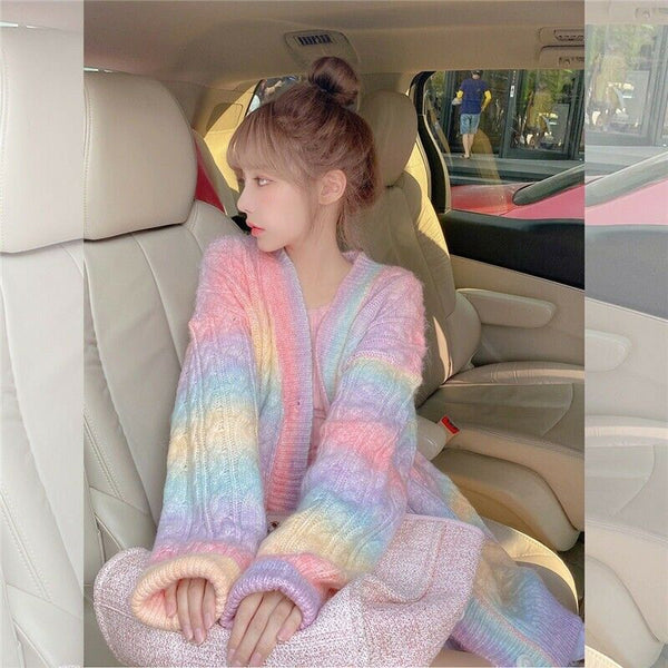 New Rainbow Knitted Sweater Autumn Fall Winter Coat Front Button Cardigan Jacket