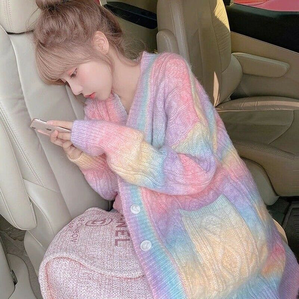 New Rainbow Knitted Sweater Autumn Fall Winter Coat Front Button Cardigan Jacket