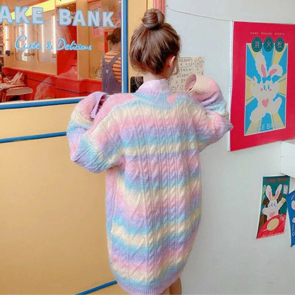 New Rainbow Knitted Sweater Autumn Fall Winter Coat Front Button Cardigan Jacket