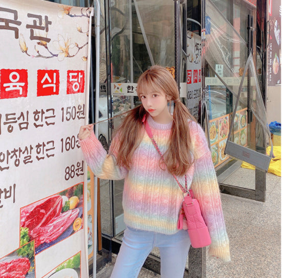 Rainbow Colorful Knitted Turtleneck Women Autumn Winter Fall Long Sleeve Sweater