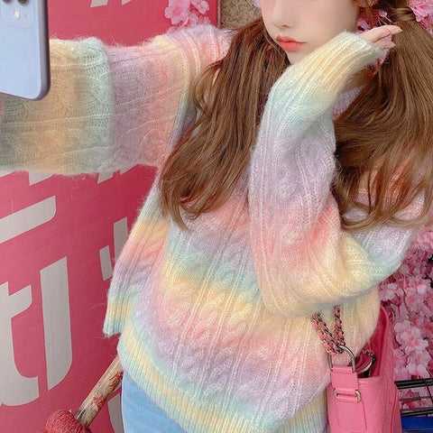 Rainbow Colorful Knitted Turtleneck Women Autumn Winter Fall Long Sleeve Sweater